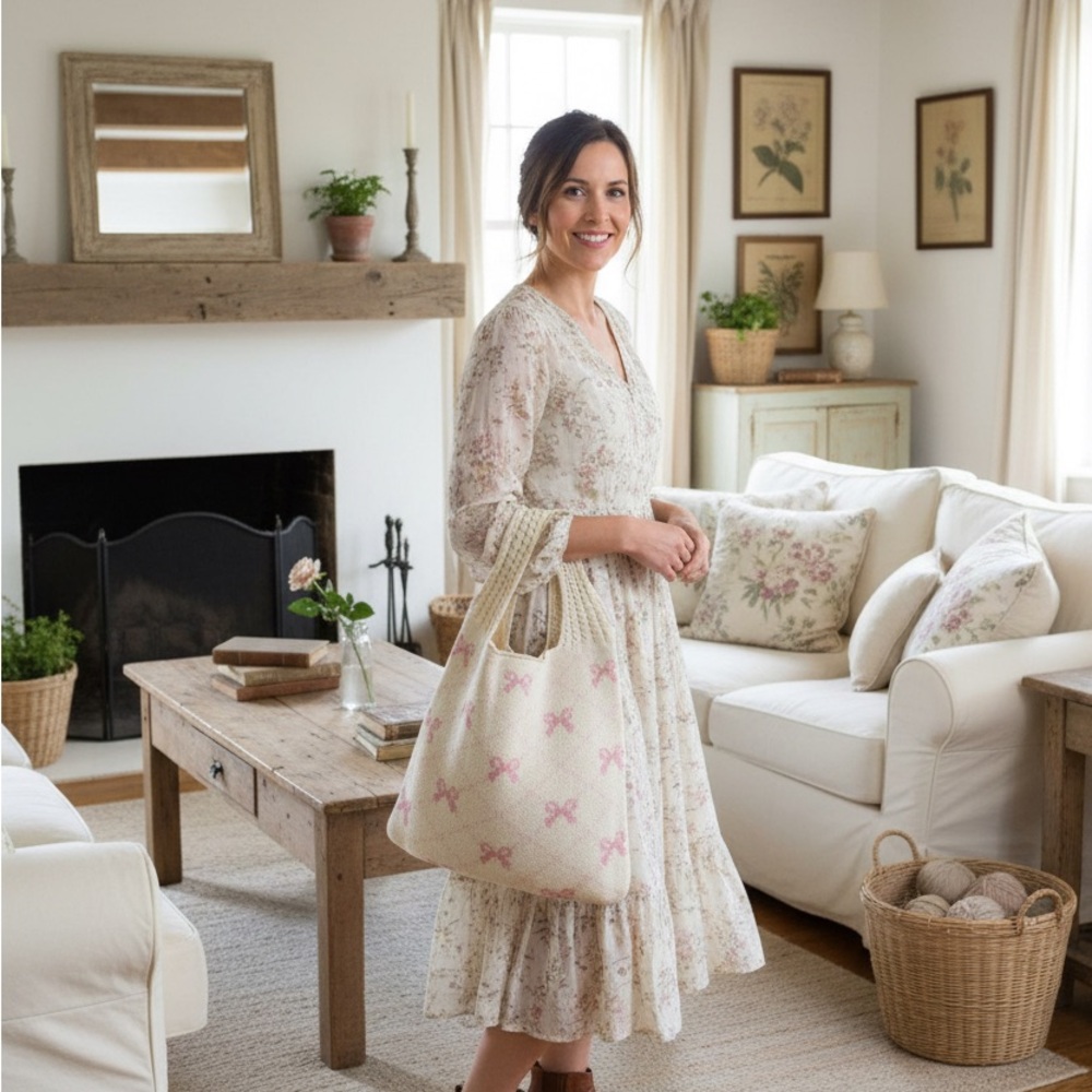 Chic Cream and Pink Knit Tote Bag